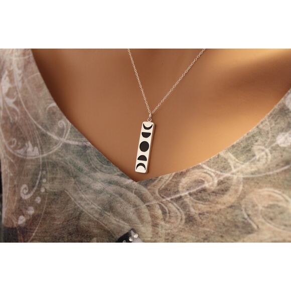 Sterling Silver Moon Phase Pendant Necklace With Black Wood - Picture 3 of 3